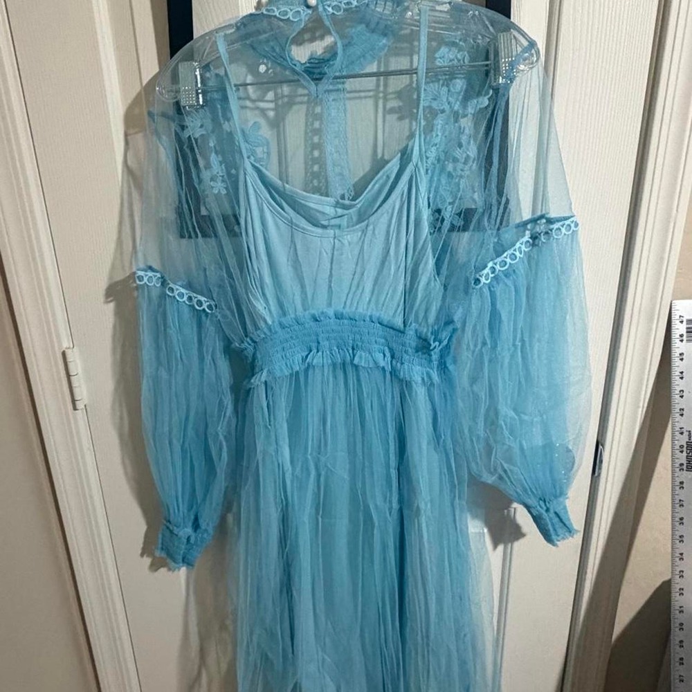 Blue Lace Trim Ruffle Mesh Dress Fairycore Cottagecore One Size Js-47268-5053